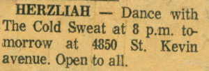 A listing of an appearance of Erik Slutsky's band, Cold Sweat, circa 1969.