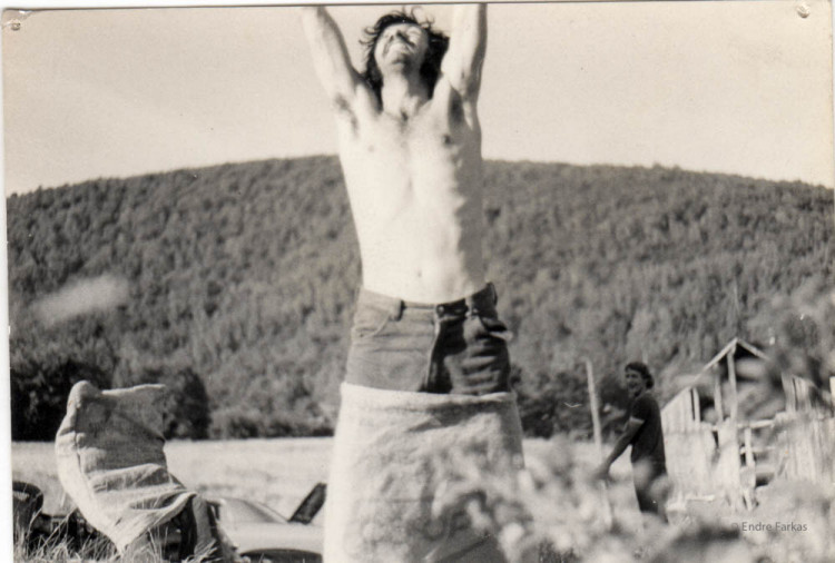 Endre Farkas wins the potato sack race during the mock olympics held between communes in the Eastern Townships, early 1970s.