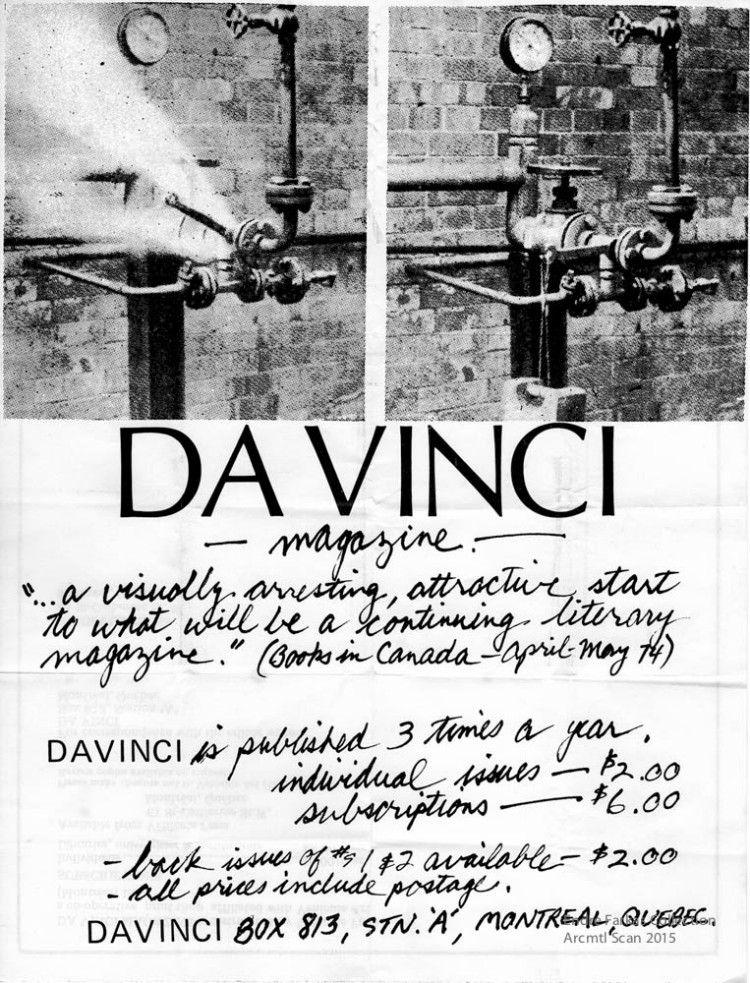 Call for submissions (recto-version mailout sheet), Davinci, 1974.