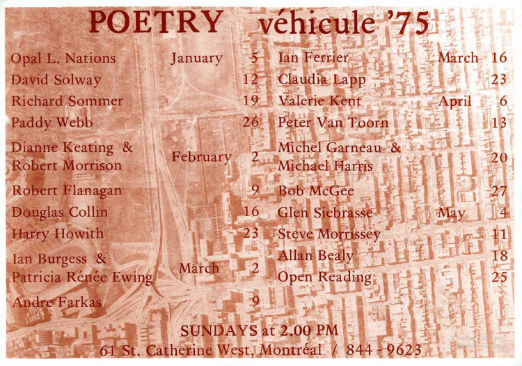 Véhicule Gallery, poetry schedule, Winter-Spring 1975