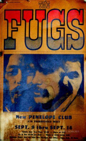 An original copy of the cardstock Fugs poster that hung at the New Penelope  before their 1967 show. Allan Youster put it up on his wall just after the show, where it remained until ARCMTL briefly removed it for digitization in 2015.